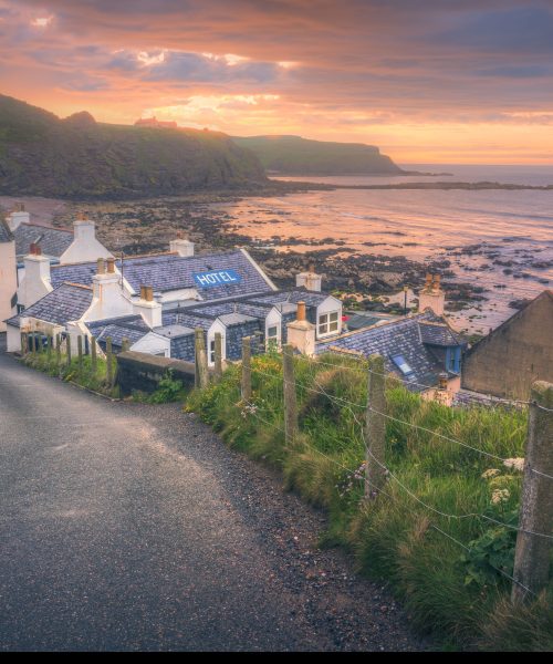 The coastal village of Pennan, Fraserburgh. Famed for being the location of the Bill Forsyth film, Local Hero. It consisting of a small harbour and a single row of homes, including a hotel. It lies on the north-facing coast and is about one hour's drive from Aberdeen.